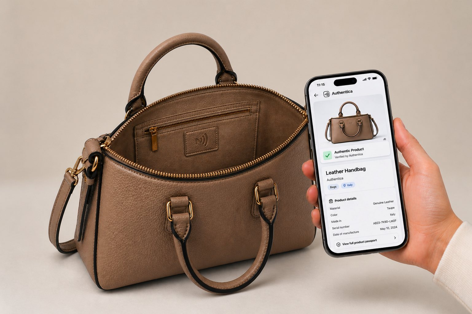 A leather handbag next to a smartphone showing its verified Digital Product Passport in the Authentica app, with material, origin and authenticity details
