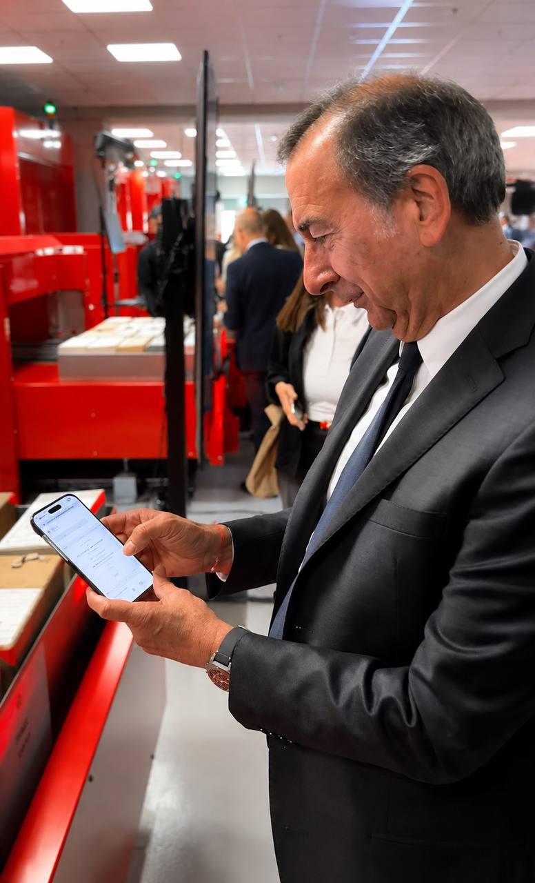 Il sindaco di Milano Giuseppe Sala consulta sullo smartphone i contenuti digitali di un faldone della Cittadella degli Archivi grazie alla tecnologia NFC del progetto pilota AUTHENTICA