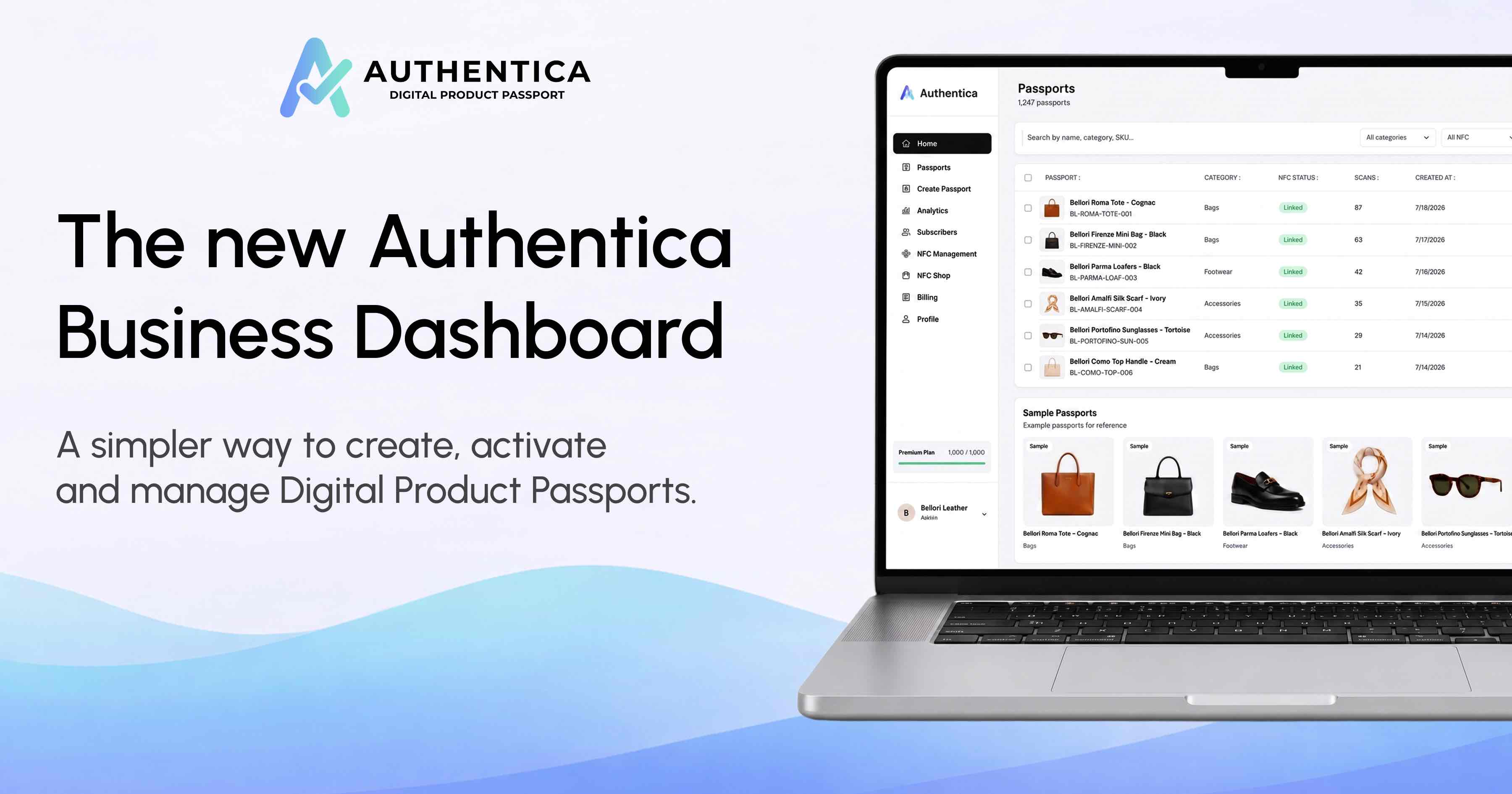 AUTHENTICA Business Dashboard interface for managing Digital Product Passports