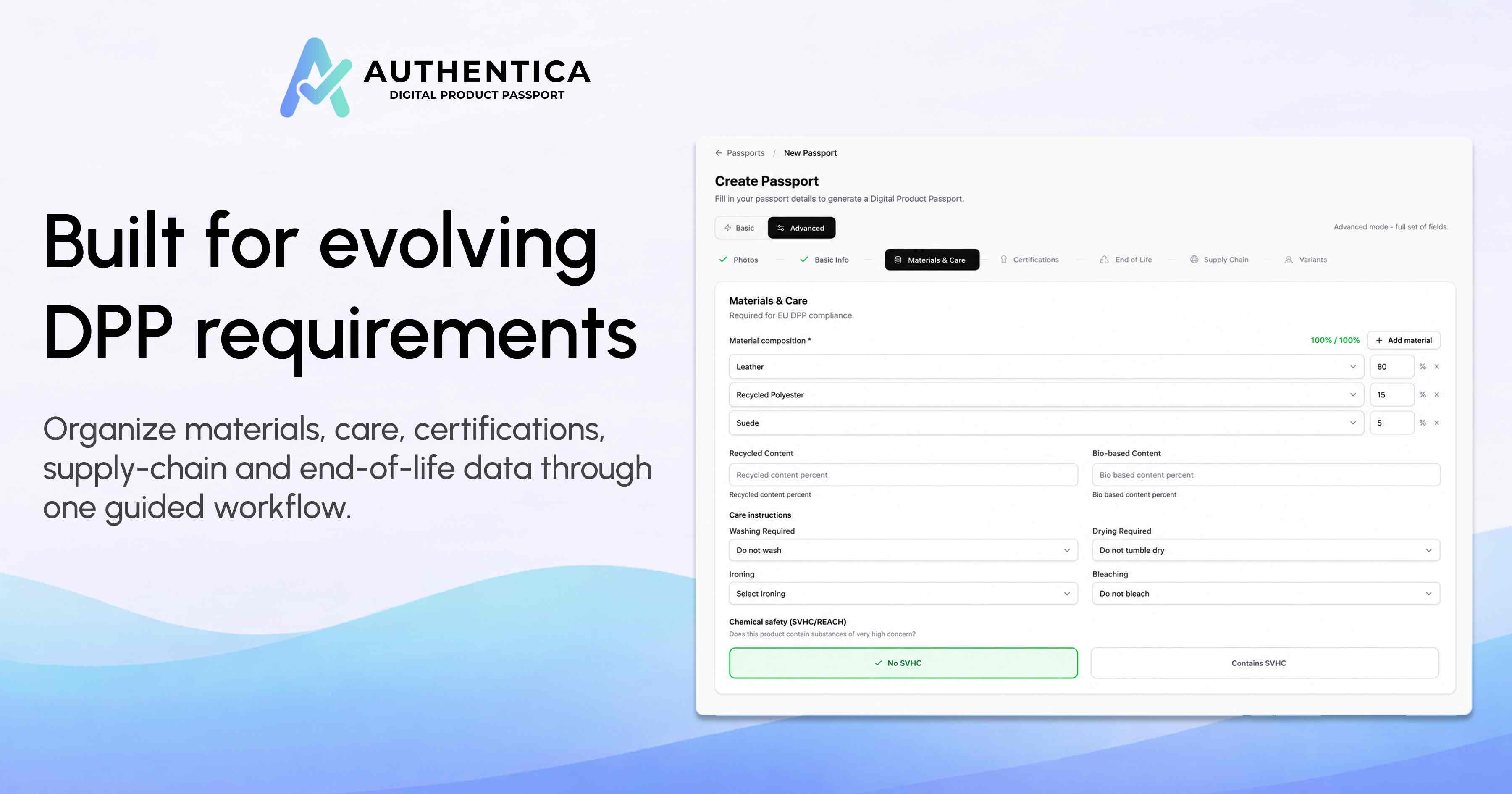 AUTHENTICA Business Dashboard guided workflow for materials, care, certifications and DPP compliance data
