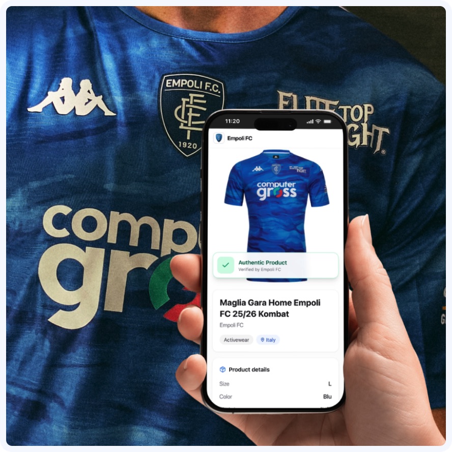 Empoli FC official kit by Kappa with NFC smart tag and AUTHENTICA Digital Product Passport integrated under the club crest