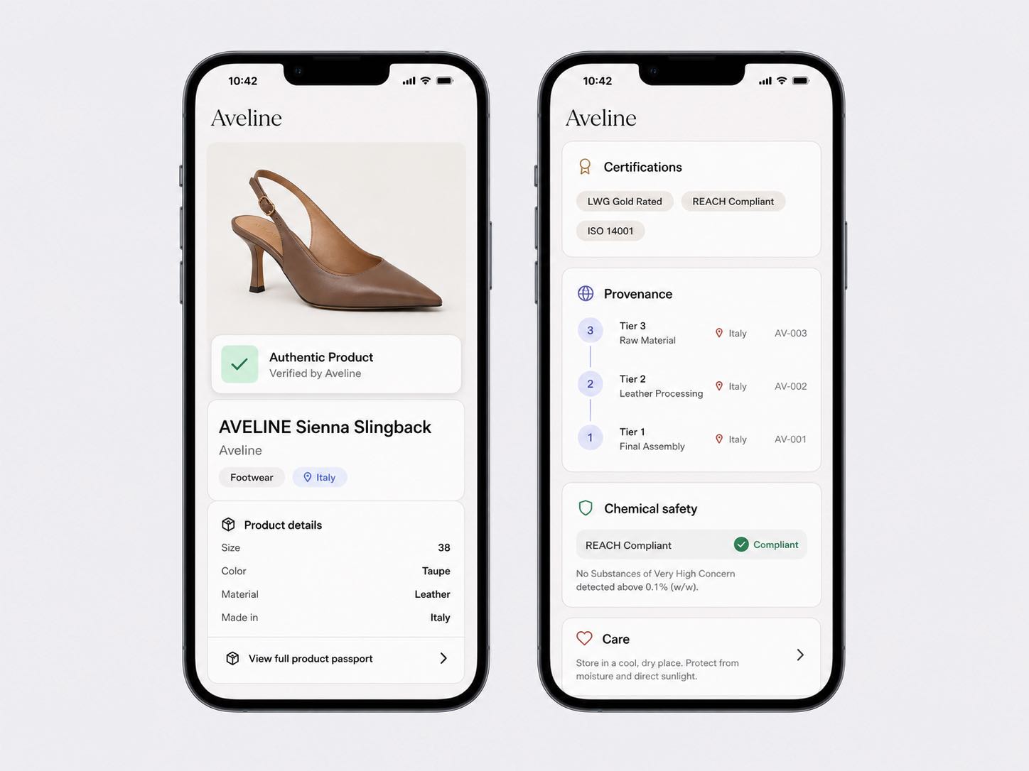 Il pannello del Digital Product Passport di una scarpa, con istruzioni di cura, componenti, materiali e informazioni sul ciclo di vita organizzati in modo strutturato