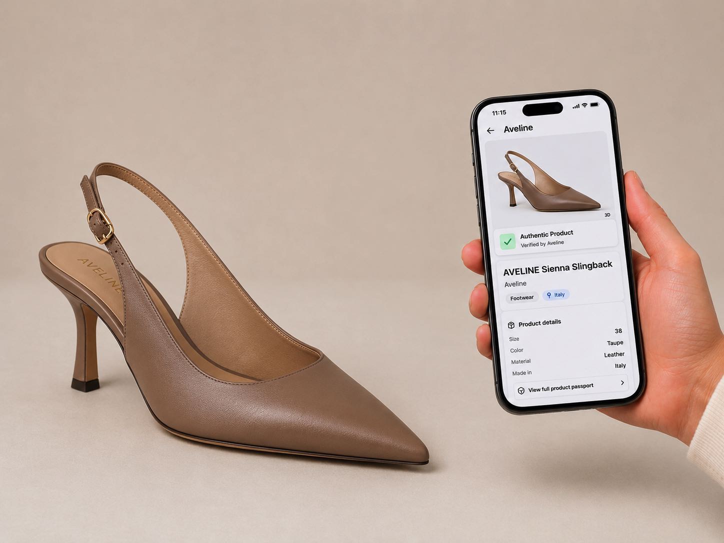 Un paio di scarpe accanto a uno smartphone che ne rivela il Digital Product Passport, con dettagli su materiali, componenti e cura